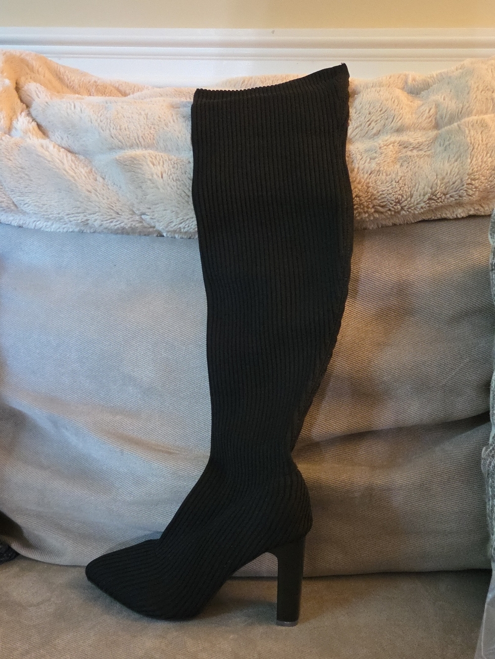 Black Over-the-Knee Sock Boot with Block Heel